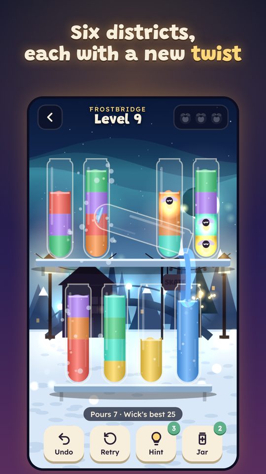 A snowy Frostbridge board with frozen jars