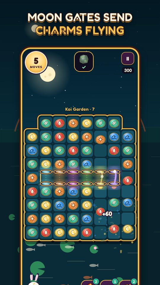 A Koi Garden board where moon gates link two halves