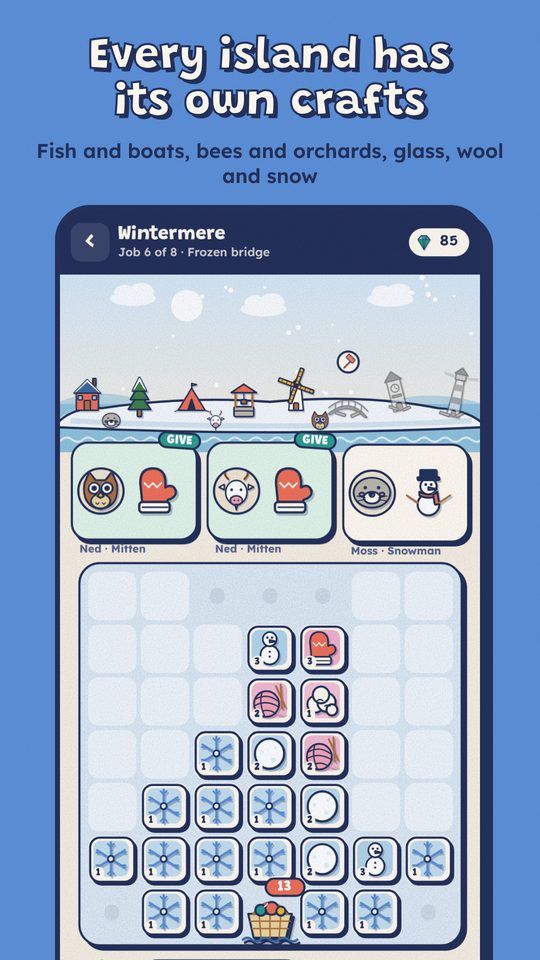 A snowy Wintermere board with mittens and snowmen